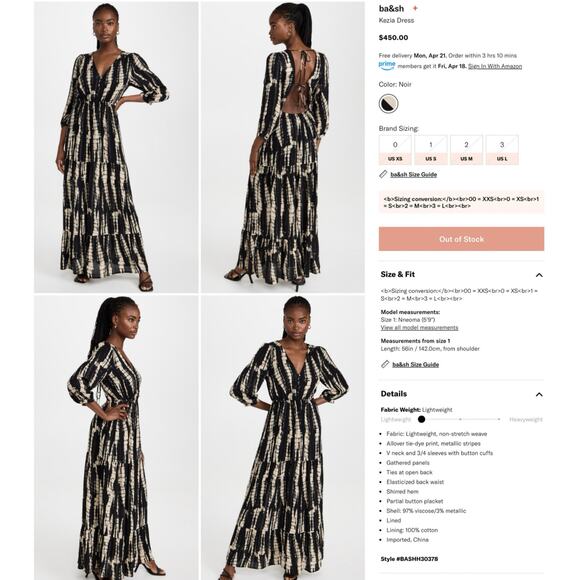 Ba&sh Kezia Lady Black Tie Dye Open Back Tiered Maxi Dress 1 S - Picture 4 of 12